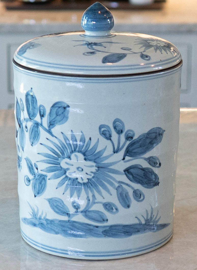 Blue Floral Knobbed Lidded Jar