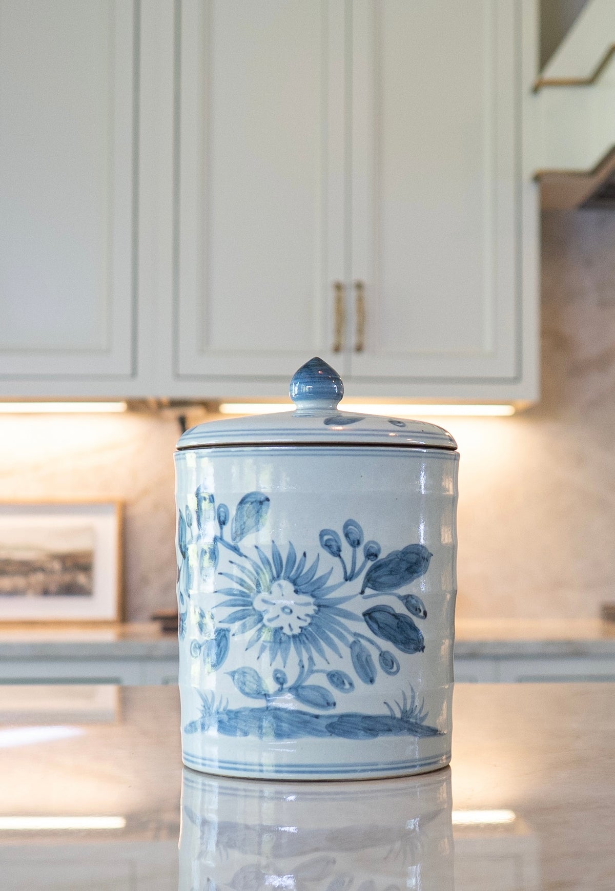 Blue Floral Knobbed Lidded Jar