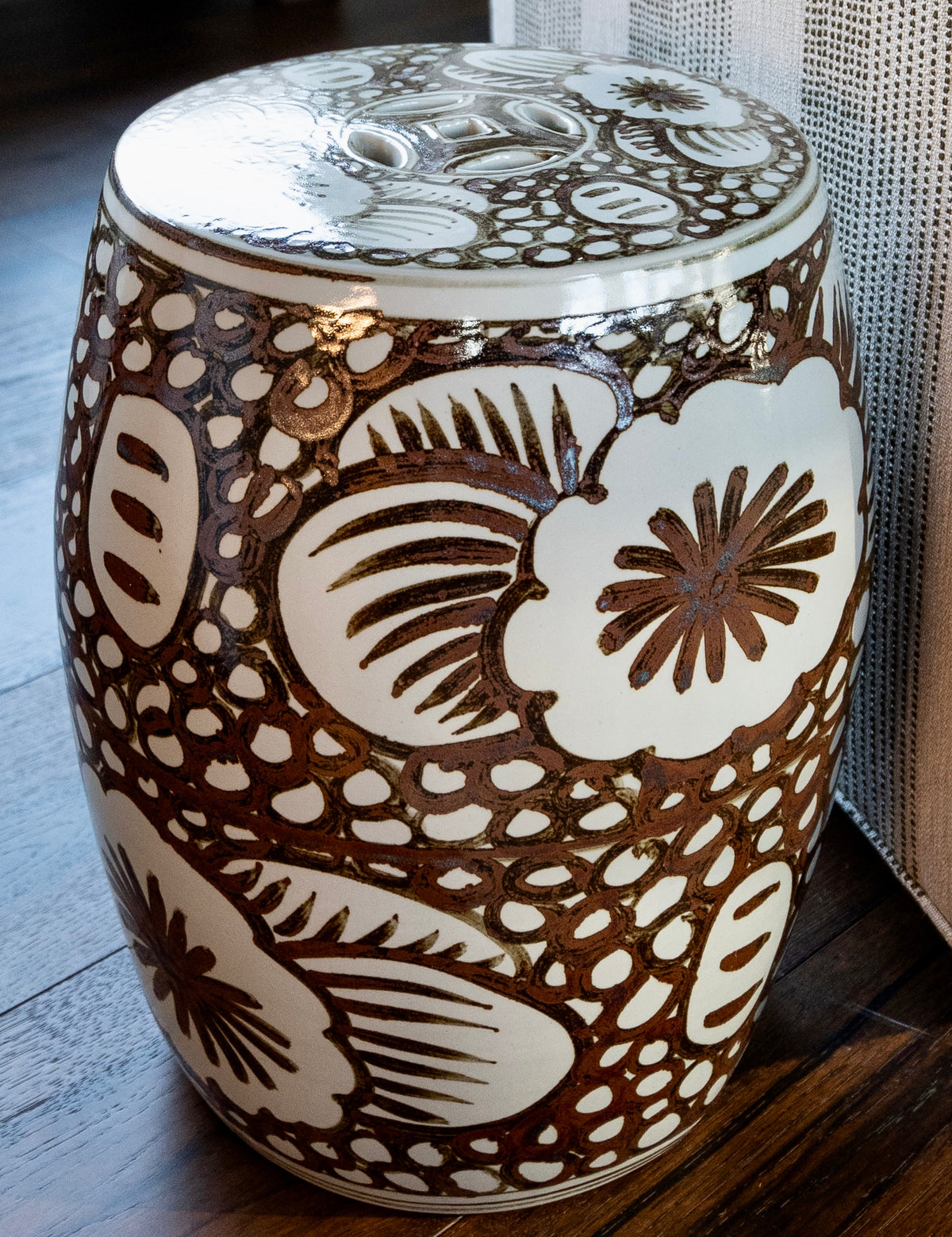 Brown Floral Scroll Garden Stool